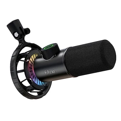 Immagine di FIFINE Gaming Microfono USB per PC, Dinamico Microfoni Cardioide con RGB Supporto Antiurto, Pulsante di Silenziamento e Filtro Anti Pop, Podcasting YouTube Discord