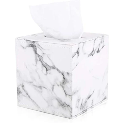 Immagine di GORESE Porta fazzoletti quadrato, in pelle PU, per casa e ufficio, portatovaglioli grande camera da letto, tavolo, comodini, bagno decorazione auto (marmo bianco)