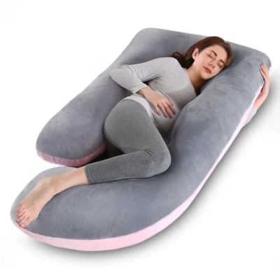 Immagine di Avmvnvc Cuscino per Gravidanza e Allattamento Forma di J Dormire con Federa in Velluto Sfoderabile Lavabile Rosa &amp; Grigio