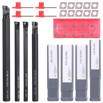 Immagine di VerLich Set di 4 barre alesatura S07K/S08K/S10K/S12M SCLCR06 per tornio con 10 inserti in metallo duro CCMT0602 + chiavi