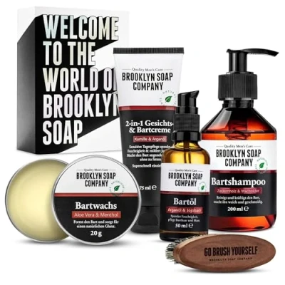Immagine di Brooklyn Soap Company · Ultimate Beard Box Set per la cura della barba con olio barba, shampoo da spazzola cera e crema idea regalo uomini