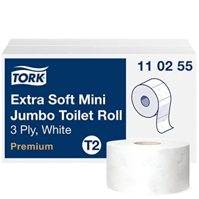 Immagine di Tork 110255 rotoli Carta Igienica Extra Soft Mini Jumbo Premium a lunga durata, compatibili con sistema T2, 3 veli, 1 conf. x 12 (12 120 m), 600 strappi rotolo, bianco