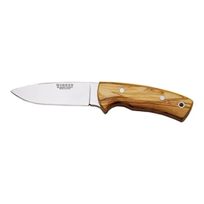 Immagine di Coltello Bushcraft in legno d&#039;ulivo e lama MOVA 10 cm, peso 160 grammi, fodera pelle, CO25 per la pesca, caccia, l&#039;escursionismo, il campeggio
