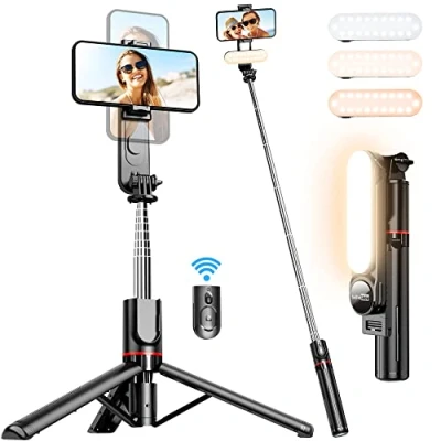 Immagine di Bastone Selfie Treppiede con Luce di Riempimento, per Telefono Extra Lungo da 111CM Telecomando Staccabile Stick Rotazione a 360 Compatibile iPhone Samsung Huawei