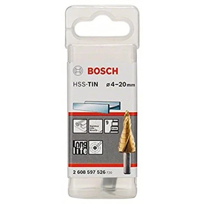 Immagine di Bosch Accessories 2608597526 HSS Punta a gradini 4 20 mm TiN Lunghezza totale 70.5 Alberino 3 facce 1 pz.