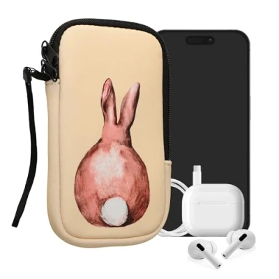 Immagine di kwmobile Custodia in neoprene con zip per smartphone M 5,5&quot; Astuccio portacellulare a sacchetto cerniera Borsa verticale Schiena Lepre marrone/bianco/beige