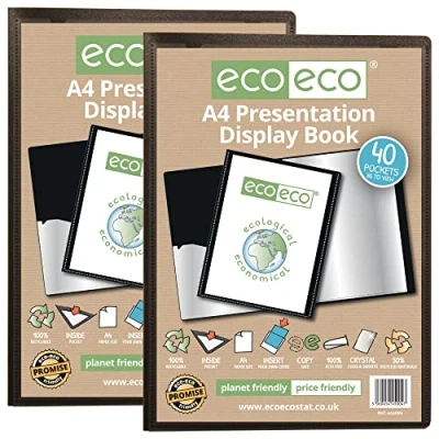 Immagine di eco Eco004x2 Cartella portadocumenti in plastica riciclata con 40 tasche, formato A4, colore: nero
