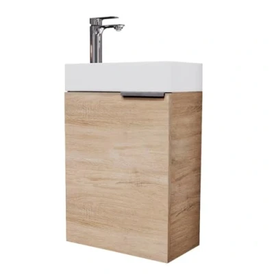Immagine di Planetmöbel lavabo con mobiletto 40 cm in rovere Sonoma e rubinetto cromo, set di mobili da bagno per bagno, WC ospiti
