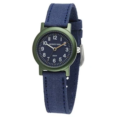 Immagine di JACQUES FAREL ORG 0304 Orologio da polso per bambini, in cotone biologico, analogico, al quarzo, Blu scuro, scuro/verde oliva, cinghia