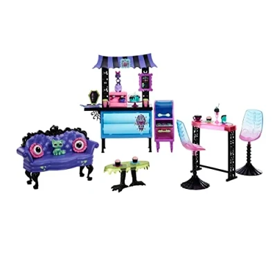 Immagine di Monster High Playset Caffè Post Mortem, set caffetteria con due mostramici, mobile da paura, bancone, pasticcini e bevande, giocattolo per bambini, 4+ anni, HMV78