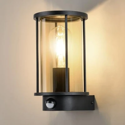Immagine di BRIMMEL Lampada da parete per esterno Sensore di movimento antiruggine impermeabile giardino in alluminio nero Alimentazione elettrica E27, Lampadina non inclusa