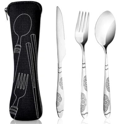 Immagine di 3 Pezzi Posate con Custodia Portatile, Set di Acciaio Inox Coltello Forchetta Cucchiaio per Viaggi Campeggio Picnic Ufficio Scuola