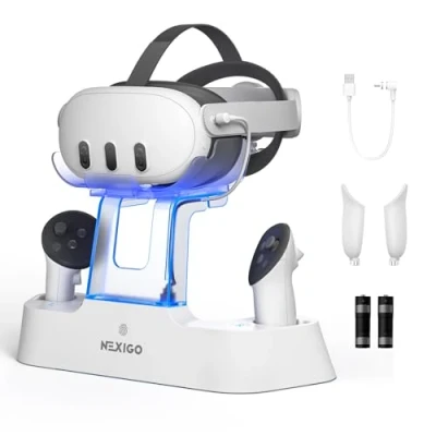 Immagine di NexiGo Charging Dock potenziato con Luce a LED [On/off] per Oculus Quest 3, [Supporto Elite Strap Batteria], Supporto Mostra Headset e Controller, Batterie Ricaricabili