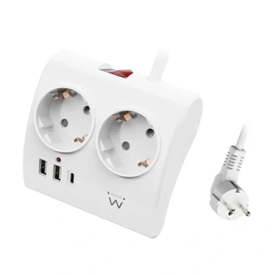 Immagine di Ewent Multipresa da scrivania/tavolo con 2 Prese Schuko e porte USB A 1 porta C, Interruttore ON/OFF, 3680W, Protezione Sovraccarico, Spina 16A cavo 1.5mt, Bianca