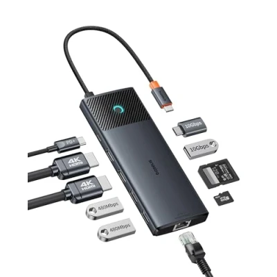 Immagine di Baseus Docking Station Dual Monitor,10 Gbps 10 in 1 con 2 HDMI Single 4K @120Hz, @ 60 Hz, USB A e C, Gigabit Ethernet PD 100 W per iPhone 15/Dell/HP/Lenovo più