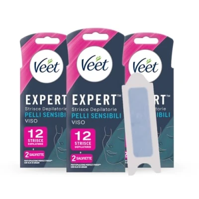 Immagine di Veet Expert Strisce Depilatorie Viso, Ceretta per Pelli Sensibili con Olio di Mandorla, Dermatologicamente Testate, 36 (3x12 Strisce) + 6 Salviette Post Epilazione D&#039;Argan