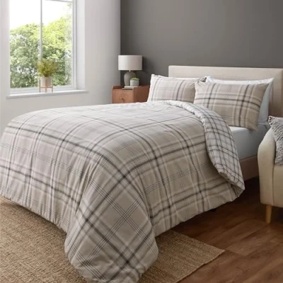 Immagine di Catherine Lansfield Kelso Set copripiumino matrimoniale reversibile con federa, motivo a quadri, colore: naturale