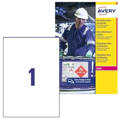 Immagine di Avery B 4775 50 formato A4, Ultra resistenti impermeabili GHS BS5609 etichette, certificati, per tutti i tipi di stampanti, 210 x 297 mm, colore: bianco
