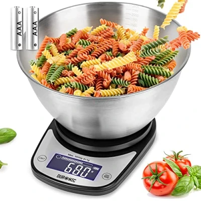 Immagine di Duronic KS5000 BK/SS Bilancia da cucina digitale Portata 1g a 5kg Ciotola in acciaio INOX 2,5L Grande display retroilluminato Funzione Tara ad alta precisione nera
