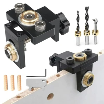 Immagine di Guida per Spinatura Legno 3 in 1, Dima Fori a Tasca 8/10/15 mm di Foratura Locator Jig con Punta Trivella Tassello Carpenteria