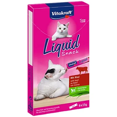 Immagine di Vitakraft Spuntino liquido con manzo + erba di gatto, 1 confezione (6 buste da 15 g)
