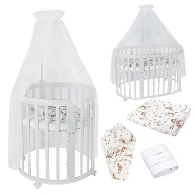 Immagine di Lettino Mobile Waldin 7in1, Materasso, Culla Espandibile, Ventilato, Base Regolabile 5 Posizioni, Set Completto, Legno Bianco, Tessuti Animali Bianco