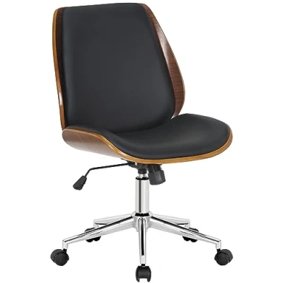 Immagine di CLP Mitch Sedia da ufficio I Con sedile in legno e funzione basculante scrivania regolabile altezza su ruote, Colore:noce/nero, Colore del telaio:cromo