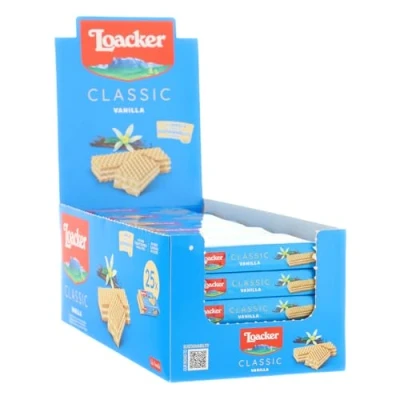 Immagine di Loacker Display Classic Vanille Wafer Classico con 3 Strati di Cialde Farcite Crema alla Vaniglia Vere Bacche Bourbon Merenda e Snack Confezione da 25 Pezzi 45 g