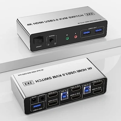 Immagine di Switch KVM USB 3.0 Dual Monitor HDMI 2 Porte, Supporta EDID, 4K@60Hz per PC a con 3 porte e uscita microfono audio, Tastiera Mouse