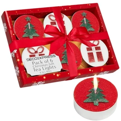 Immagine di DECO EXPRESS Candele Tealight 24, 25, 50, 100, 200 Pezzi, Lunga Durata 4/8/10 Ore Vari Colori (Rosso/Bianco Set di 6)