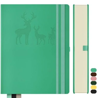 Immagine di Qefuna Notebook A5 foderato, Bullet Journal blocco note spesse, 360 pagine, copertina rigida in pelle, 100gsm carta foderata per le donne uomini ufficio scuola diario, 14,5 x 21cm, blu verde