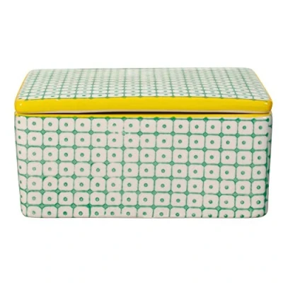 Immagine di Bloomingville Burriera con cperchio Carla Portaburro Contenitor per Burro in Gres colorato L 13 x H 6 W 10 cm, Verde Giallo, Ceramica