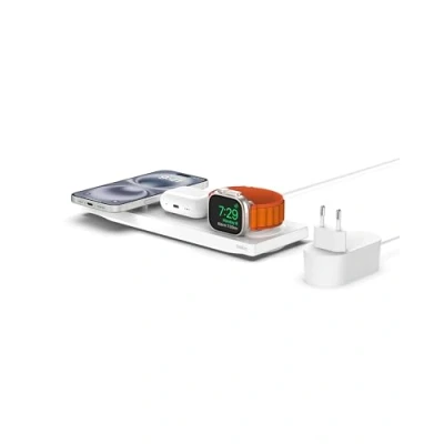 Immagine di Belkin Caricabatteria wireless 3 in 1 con MagSafe, tappetino di ricarica rapida MFi, caricatore per iPhone 16, 15, 14, 13, 12, Apple Watch 9, 8, 7, Ultra e precedenti, AirPods 2, Pro