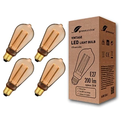 Immagine di greenandco 4x lampadina a LED di design vintage in stile retrò E27 ST64 4W 200lm 1800K 320 230V, ambra, nessun sfarfallio, non dimmerabile