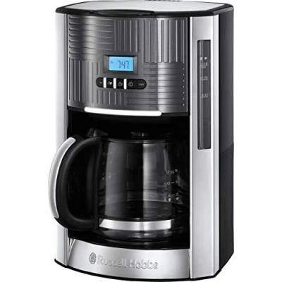 Immagine di Russell Hobbs Macchina Caffè Americano Timer Digitale, Con Filtro per Estrazione e Aroma Ottimali Design Geo Grigio; Acciaio Inox ; Max 12 tazze; Caraffa in Vetro 1.5 L; 1000W, 25270 56