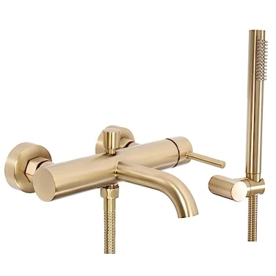 Immagine di Rea RUBINETTO Vasca Lungo Brush Gold Miscelatore con Doccetta in Ottone per Bagno Caldo e Freddo Regolabile (Oro Spazzolato)