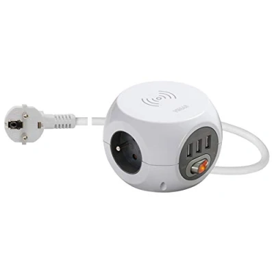 Immagine di Vimar 00445.FR.CC.B Presa multipla con caricatore induttivo senza fili, 3 uscite SICURY standard francese, USB, interruttore luminoso, cavo da 1,5 m, spina tedesco/francese