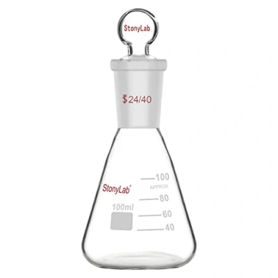 Immagine di stonylab Fiaschetta di Erlenmeyer 24/40 con Tappo, Pallone da 100 ml in Vetro Borosilicato a Parete Pesante Giunto Esterno Conico Standard e Tappo
