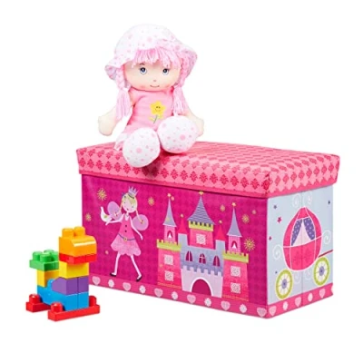 Immagine di Relaxdays Pouf per Bambini, Contenitore Giocattoli, Pieghevole, Bimbi e Bimbe, Salvaspazio, Principesse Fate, Rosa, 36 x 60,5 30,5 cm
