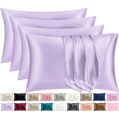 Immagine di Pamposh federe in raso di seta per capelli e pelle, confezione da 4 pezzi, dimensioni standard con chiusura a busta (4 (50 x 75 cm), viola)