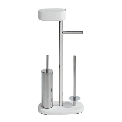 Immagine di WENKO Piantana set WC Rivazza con contenitore, portarotolo, portascopino WC, portarotolo di riserva e scatola portaoggetti, acciaio inox resistente contro la ruggine plastica, 17x72,5x32cm, bianco