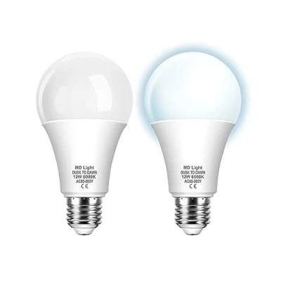 Immagine di MDLight 2 pezzis 12W E27 Lampadina con Sensore Crepuscolare, Globo Lampadine LED Crepuscolare da Esterno, Auto On/Off, Bianco Freddo 6000K per Veranda Giardino Porta d&#039;ingresso Corridoio