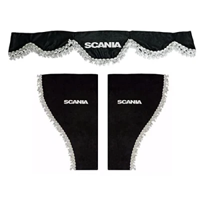 Immagine di VNVIS Set di 3 tende decorative in peluche con pompon bianchi per camion Scania R S P L (nero)
