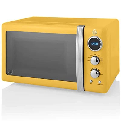 Immagine di Swan Retro SM22030YELNEU Microonde Digitale 20L, 5 Livelli di Potenza, Funzione Scongelamento, Timer 60 Minuti, Piatto Girevole 27 cm, Giallo