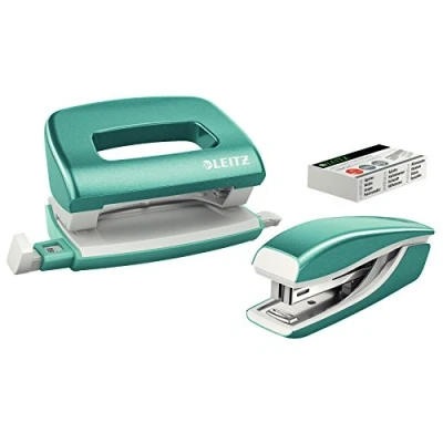 Immagine di Leitz Set con Mini Cucitrice e Perforatore, Capacità fino a 10 Fogli, Include Punti, Gamma WOW, Blu (Ghiaccio)