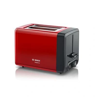 Immagine di Bosch TAT4P424DE tostapane compatto DesignLine in acciaio INOX, con funzione di scongelamento, perfetto per 2 fette e lifting, largo, 970 W, colore: rosso