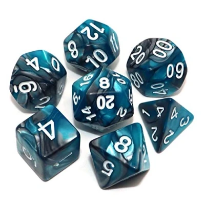 Immagine di CREEBUY Set di 7 dadi poliedrici per Dungeon and Dragons, D&amp;D, D20, D12, D10, D8, D6, D4 (blu lago e argento)