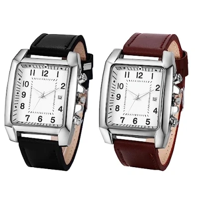 Immagine di JewelryWe Orologio da uomo, analogico, al quarzo, classico, retrò, rettangolare, business, casual, con cinturino in pelle, colore nero/marrone, 1 2 pezzi, cinghia