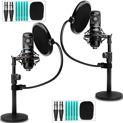Immagine di Movo Confezione da 2 apparecchiature per podcasting microfono a condensatore XLR universale include microfoni cardioide, supporti tavolo, urti, filtri pop e cavi