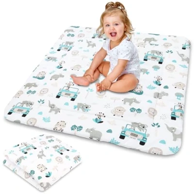 Immagine di Tappetino per gattonare tappeto da gioco bambini 100x100 cm imbottito materassino inserto box pieghevole grande e spesso in cotone Colore argento africano